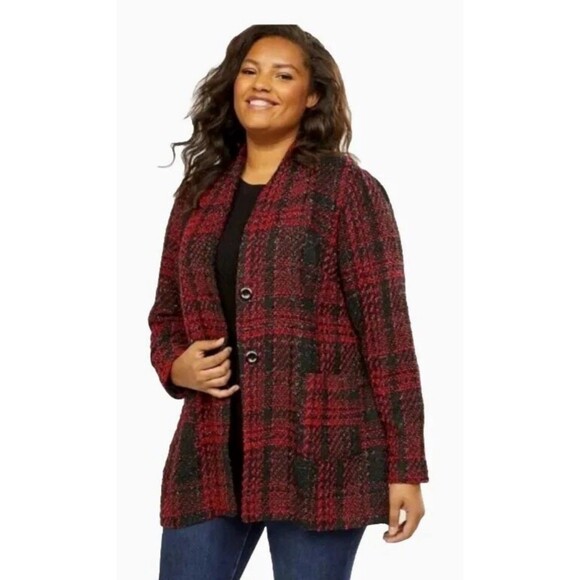 Lane Bryant Red/Black Plaid Tweed Shimmer Unlined Jacket Pockets Plus Size 26/28 - Picture 1 of 10